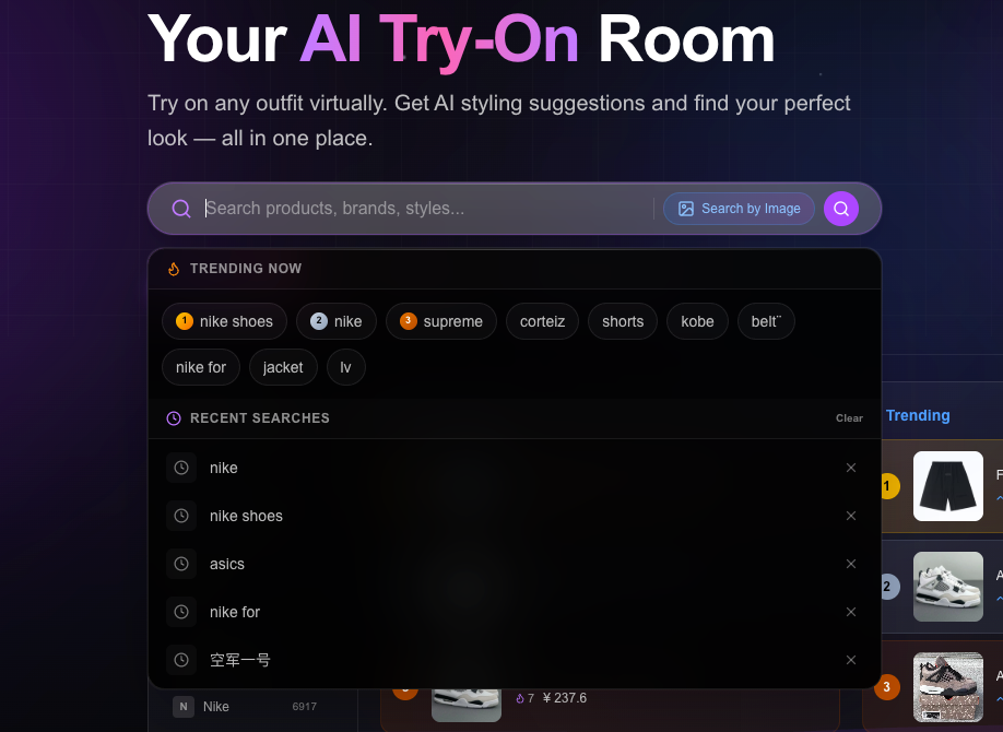 Barra de pesquisa com tendências, carregamento de imagem e atalho de lupa.