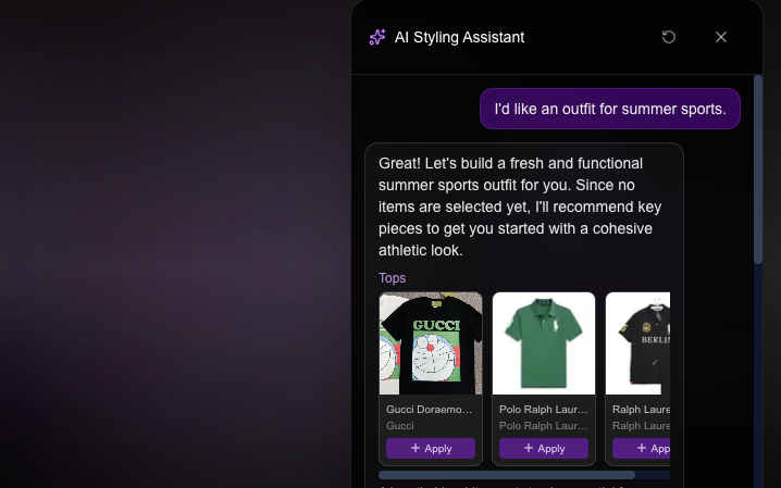 Assistente de estilo em chat com peças sugeridas.