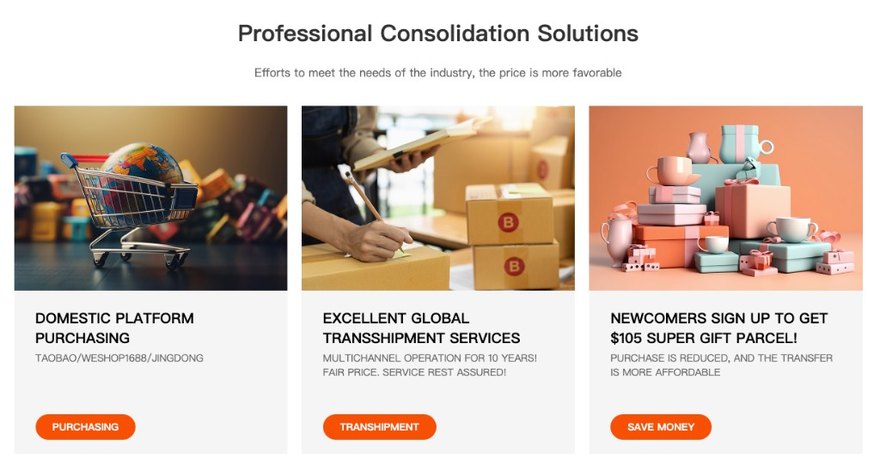 Banner: Professional Consolidation Solutions—three cards for domestic platform purchasing, global transshipment, and a newcomer gift parcel promotion.